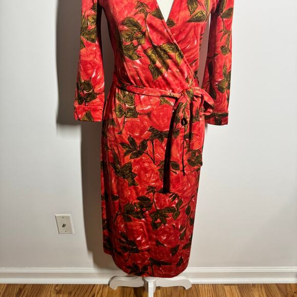 Fiori Di Zucca Silk Wrap Dress Women S Red Orange Leaf Print Knee Length Career - Picture 10 of 11